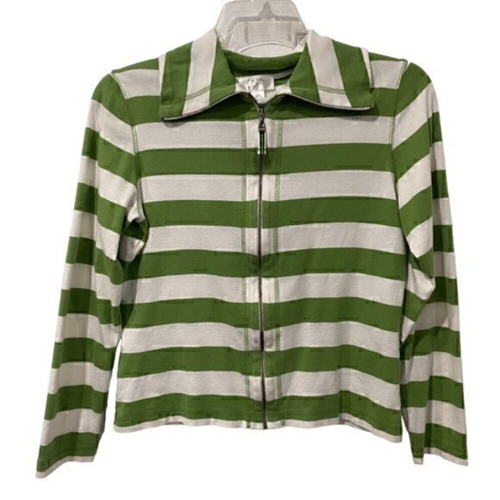 Ann Taylor Loft Women Top Sweater  Full Zip Stripped Green White Long Sleeve L